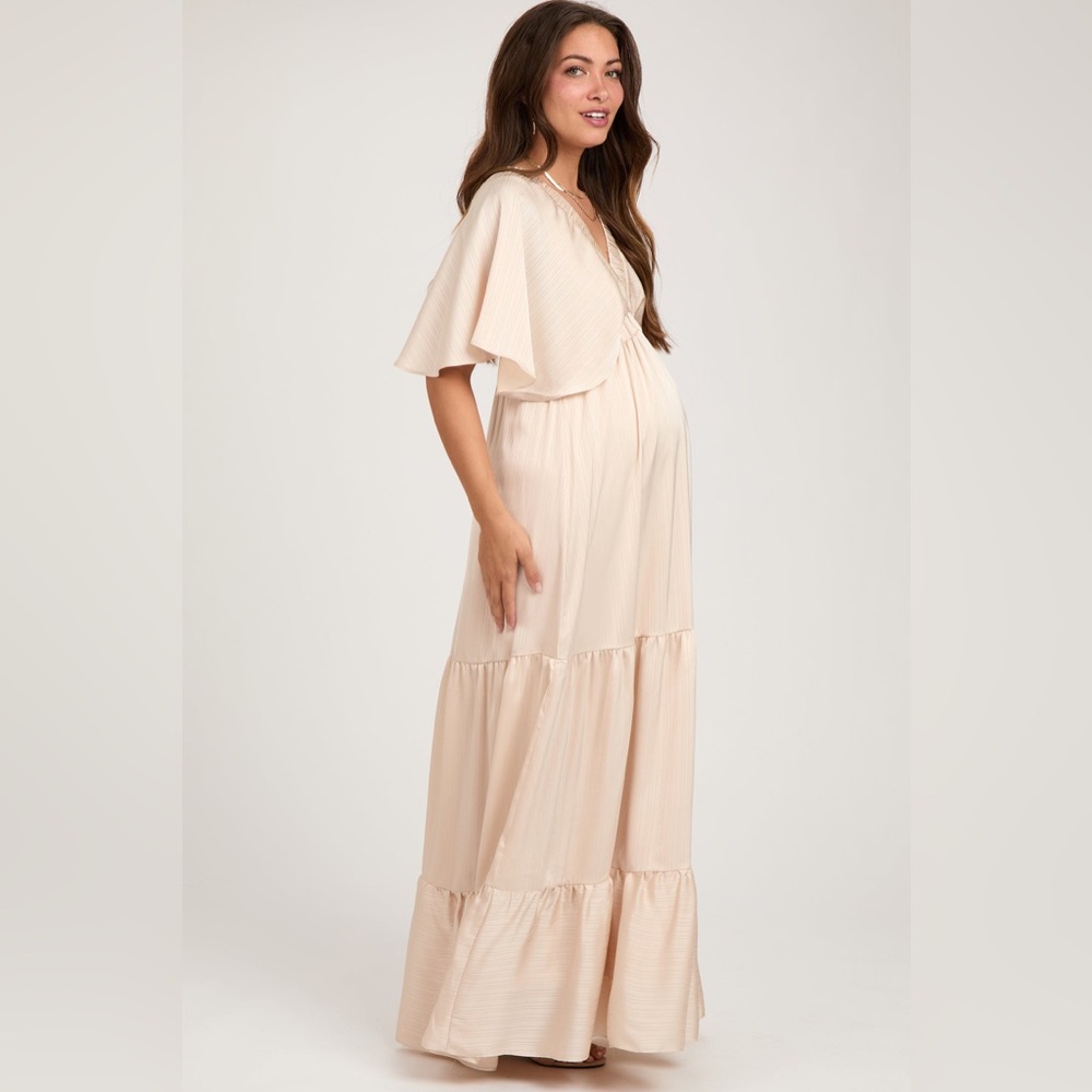 Pinkblush pinstripe satin ruffle flutter maxi dress nwt - Picture 2 of 5